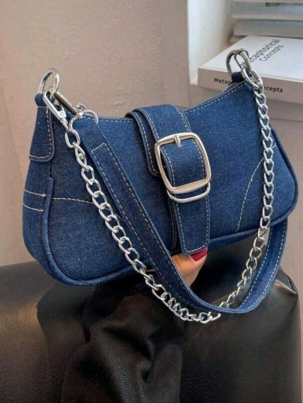Denim Chain-Trim Shoulder Bag - Blue